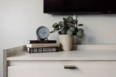 a stack of books with a clock and a potted plant at Quiet Modern Home w/ Hot Tub! in Parma