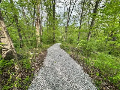 a gravel path in a wooded area with trees at Suite 1 in Butler