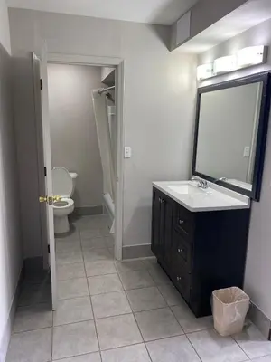 a bathroom with a sink and a mirror and a toilet at New Budget Inn in Eaton