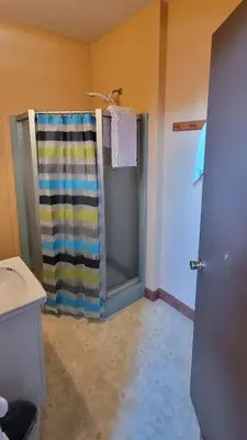 a bathroom with a shower and a sink at Upstage Stay in Bainbridge