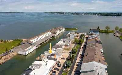 an aerial view of a marina on a body of water at Beautiful Boathouse overlooking the Bay in Sandusky