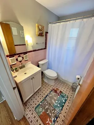 a bathroom with a toilet and a sink with a shower curtain at Red Ruby Spacious 2 Bedroom Apt 10 Minutes to Dwntwn in Cincinnati