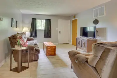 a living room with two couches and a flat screen tv at Cozy Youngstown Apartment with Central AandC and Heating in Youngstown