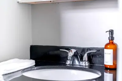 a bathroom sink with a bottle of soap next to it at Jungle House Luxury Stays - Columbus Downtown Short North in Columbus