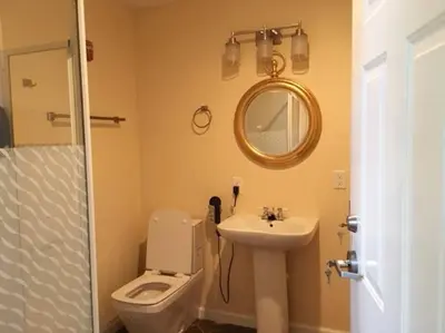 a bathroom with a toilet and a sink and a mirror at Luxury three story apartment in SHORT NORTH in Columbus