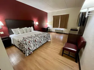 a hotel room with a bed and a chair at Red Roof Inn Sandusky - Milan in Milan
