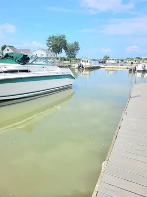 a boat is docked at a dock in the water at Sunnie Days condo in Oak Harbor on Lake Erie! in Sand Beach