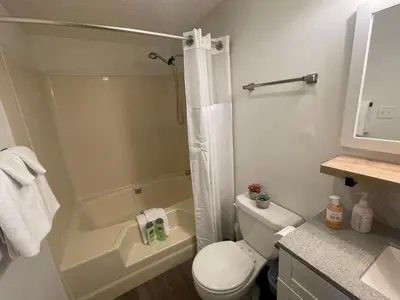 a bathroom with a white toilet and a shower at Rye Beach Family Cottage in Huron