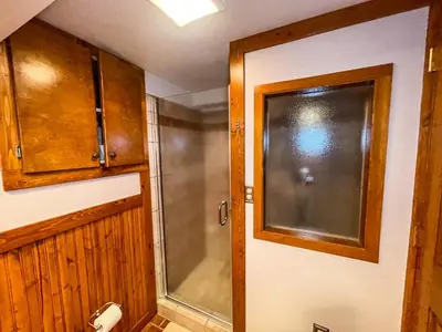a bathroom with a shower and a door at Charming School House with Large Pool in Huron