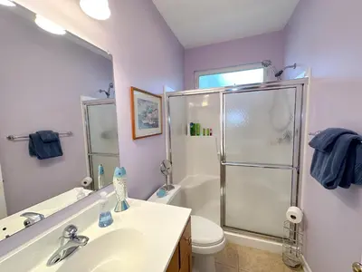 a bathroom with a shower and a sink and a toilet at 5 Bedroom Home in Old Homestead II in Huron