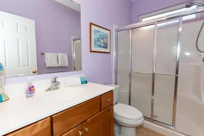 a bathroom with a shower and a toilet and a sink at 5 Bedroom Home in Old Homestead II in Huron