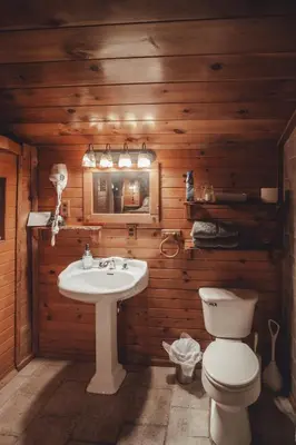 a bathroom with a white sink and a toilet at Great Frontier Cabin at American Heartland Cabins in Rockbridge