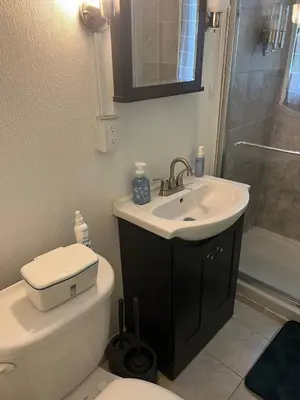 a bathroom with a sink and a toilet and a shower at Winter Retreat 2BR, Minutes from OSU & Downtown in Columbus