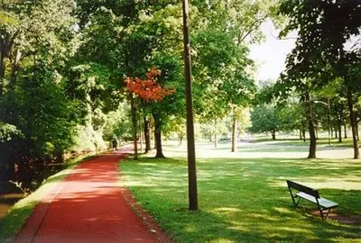 a park with a bench next to a sidewalk and trees at Apartments in the Heart of Canton in Canton