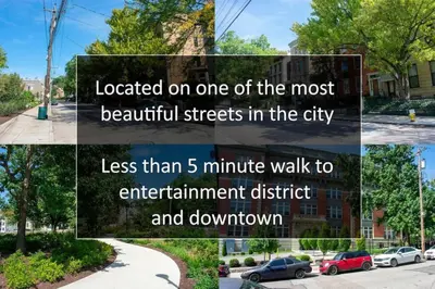 a collage of pictures of a street with cars parked at Broadway Suites - Stunning Downtown Condos in Cincinnati