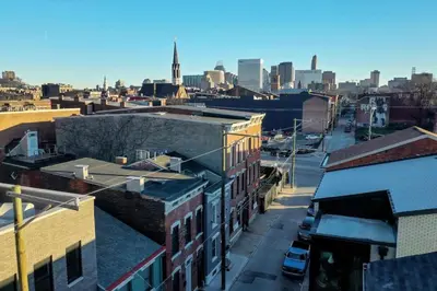an aerial view of a city with buildings at Spacious Suites in OTR - Findlay Market in Cincinnati