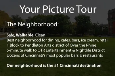 a sign that says your picture tour of the neighborhood at Spacious Home Walk to Everything and FREE Parking in Cincinnati