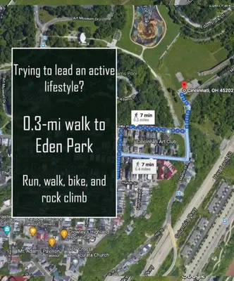a map of a park with a parking lot at Explore Downtown and Mount Adams with River Views in Cincinnati