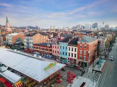 an aerial view of a city with buildings at Over the Rhine Luxury MicroSuite On Findlay Market in Cincinnati