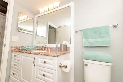 a bathroom with a sink and a mirror and a toilet at Mt Adams 1BR Great Location Steps from Monastery in Cincinnati