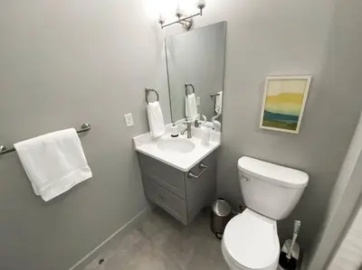 a bathroom with a white toilet and a sink at SWIZZLE Explore OTR and Downtown from Rhinegeist in Cincinnati
