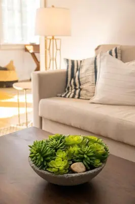 a bowl of green flowers on a table in a living room at Hyde Park Comfort with Office Near Everything in Cincinnati