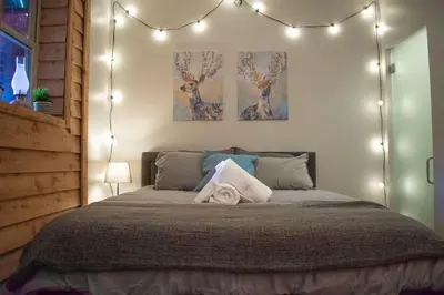 a bedroom with a bed with lights on it at Great Parkside Microapartment Location AND Price in Cincinnati