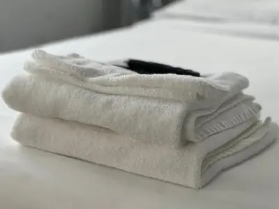a pile of towels sitting on top of a table at Stay with Jay Cleveland One in Cleveland