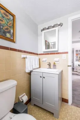 a bathroom with a toilet and a sink and a mirror at Exclusive NEW Listing! Maple Heights Charm in Maple Heights