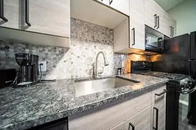 a kitchen with a sink and a counter top at Little Italy Gem Close to CWRU, Cleveland Clinic & Top Restaurants w King Bed in Cleveland