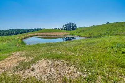 a small pond in a grassy field on a hill at Creek, Trails and Falls! Rural Red River Gorge Cabin in Campton