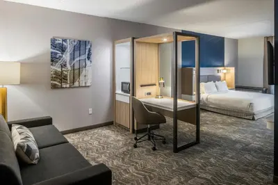a hotel room with a couch and a bed at SpringHill Suites by Marriott Canfield in Canfield