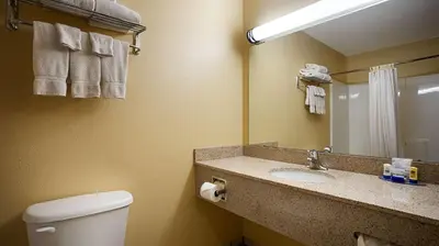 a bathroom with a toilet and a sink and a mirror at Best Western Penn-Ohio Inn & Suites in Hubbard