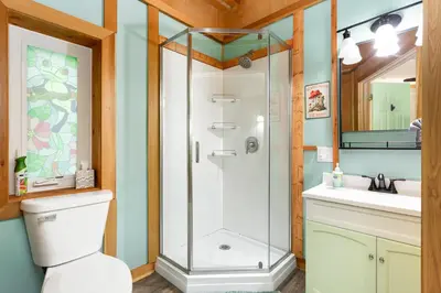 a bathroom with a shower and a toilet and a sink at Frog Hollow at Hocking Vacations in Logan