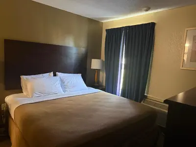 a bedroom with a large bed with white pillows at Clinton Inn & Suites in Port Clinton
