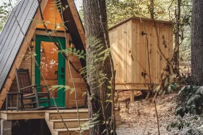 a cabin in the woods with a green door and a tree at The Green Glamping Getaway in Rockbridge