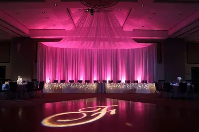 a room with pink curtains and a dance floor at DoubleTree by Hilton Lawrenceburg in Lawrenceburg