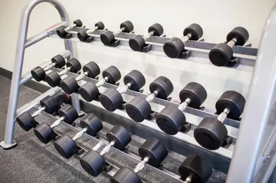 a row of dumbbells in a gym at Hampton Inn & Suites Toledo/Westgate in Toledo