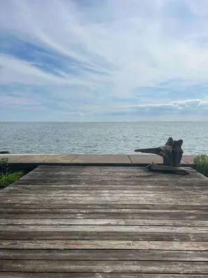 a wooden dock with a statue on top of the water at Lakeside Oasis/Golf Cart/Beach in Luna Pier