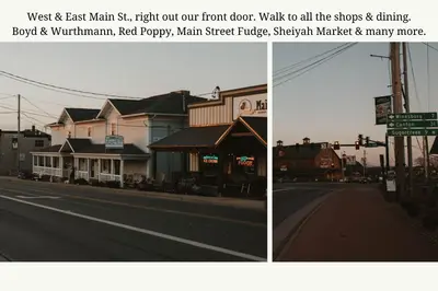 two pictures of a street with a street sign and a town at The Atlee Suites in Millersburg