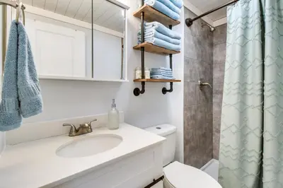 a bathroom with a sink and a shower at Hillsboro Hideaway with Private Hot Tub and Bunkhouse! in Hillsboro