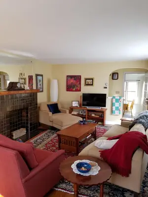 a living room with two couches and a fireplace at 1936 Art & International Home in Lancaster