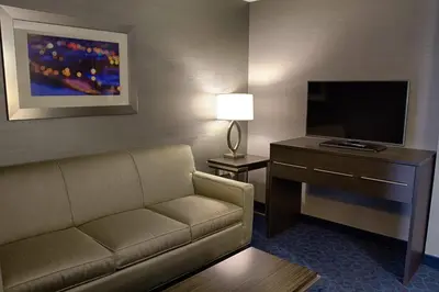 a living room with a couch and a flat screen tv at Holiday Inn Express Sidney by IHG in Sidney