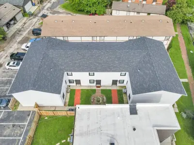 an overhead view of a house with a roof at The Schumacher Townhouse - 2 BR in Columbus