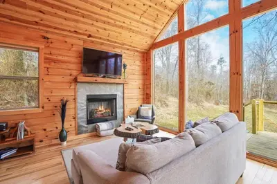 a living room with a couch and a fireplace at Fern Haven A modern take on Hocking Hills cabins in McArthur