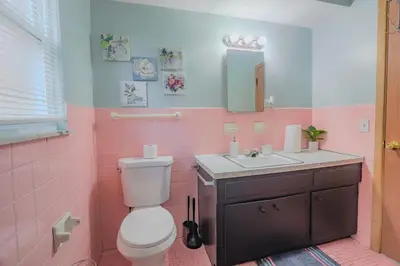 a pink bathroom with a toilet and a sink at Charming 2 Bed Room in Cleveland in Cleveland Heights