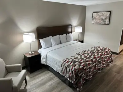 a bedroom with a bed and two lamps and a chair at Red Roof Inn Charleston - Dunbar in Dunbar