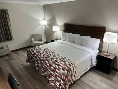 a hotel room with a bed and two lamps at Red Roof Inn Charleston - Dunbar in Dunbar
