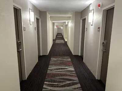 a hallway of a hotel with a rug on the floor at Red Roof Inn Charleston - Dunbar in Dunbar