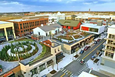 an overhead view of a city street with buildings at Cheerful 5 bedroom on azra with a pool and real in Morrow